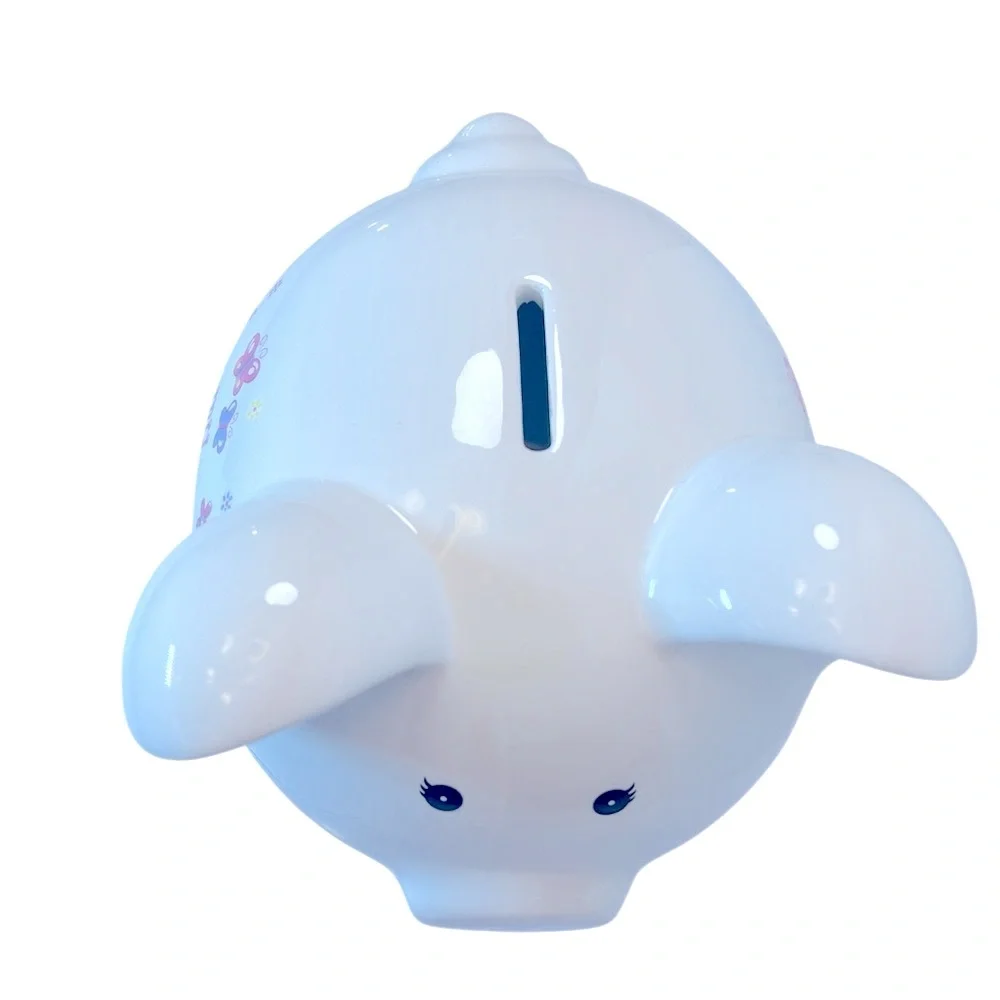 White Ceramic Piggy Bank with Pink and Purple Floral and Butterfly Designs.